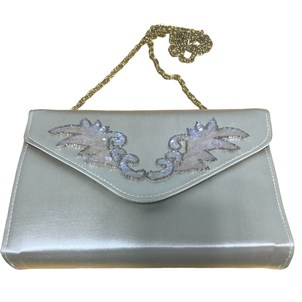 Silver Satin Sequin Wing Envelope Clutch Gold Chain Evening Bag Vintage Style